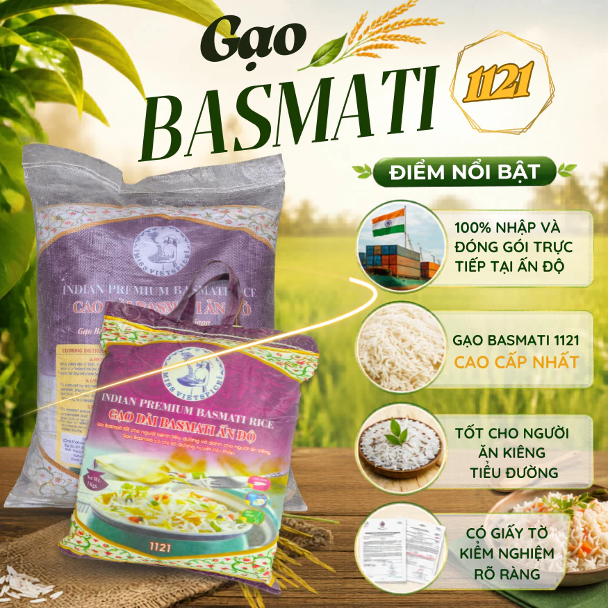 Bao 5KG - Gạo Dài Basmati Ấn Độ Thượng Hạng